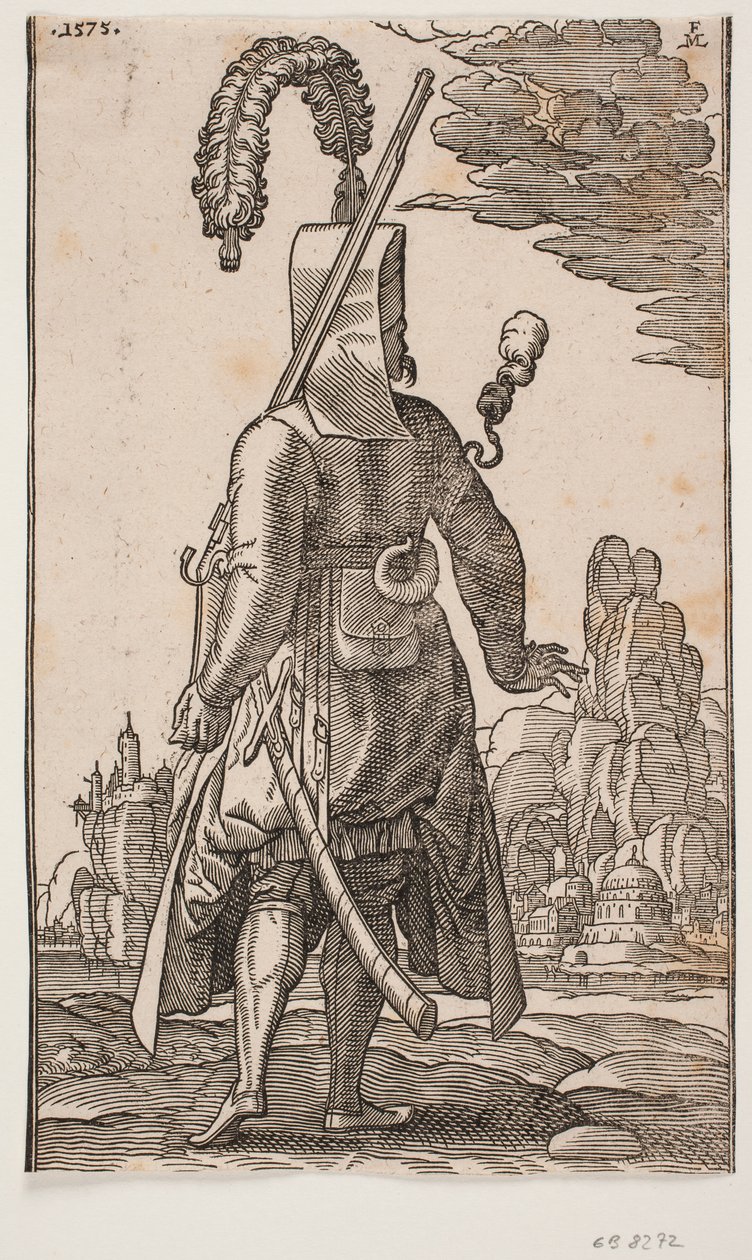 Janissary de pie visto desde atrás, tocado con plumas, rifle en el hombro izquierdo de Melchior Lorck
