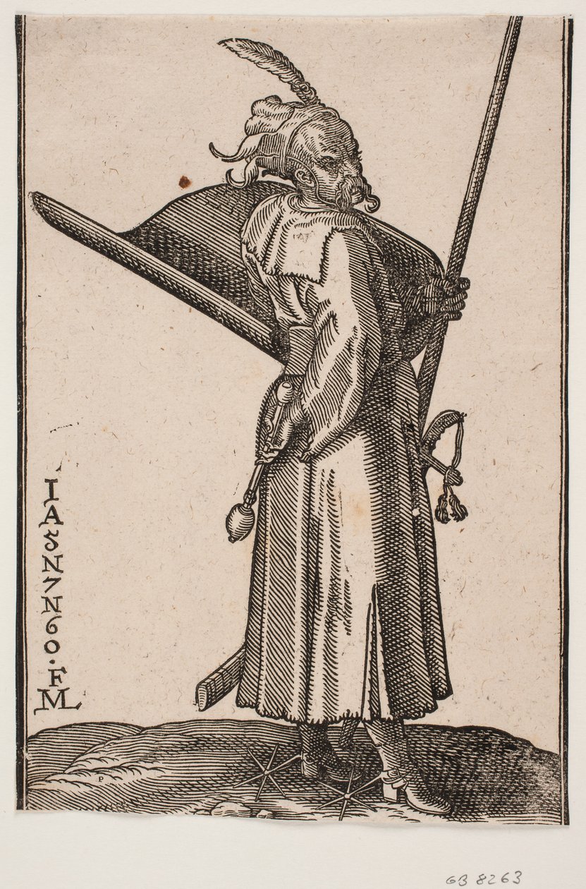 Soldado de pie (akinci), perfil hacia la derecha; en la mano derecha una maza de combate, en la mano izquierda una lanza, cuya punta está fuera de la línea superior del marco; en el brazo izquierdo un escudo con el interior hacia arriba, al lado izquierdo  de Melchior Lorck