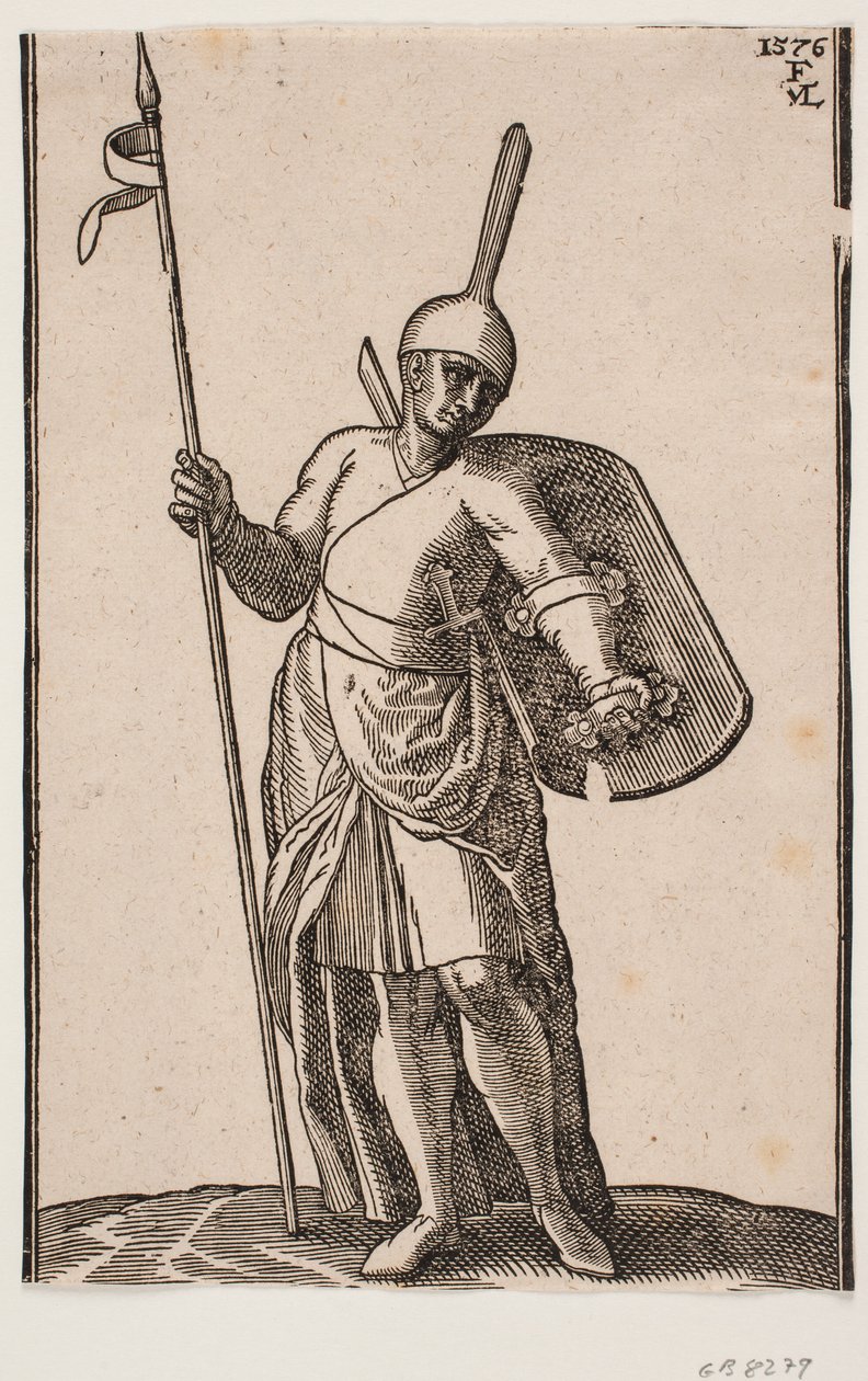 Soldado de pie, visto de frente; tocado con una parte superior alta y delgada; en la mano derecha una lanza, en el brazo izquierdo un escudo visto desde adentro de Melchior Lorck