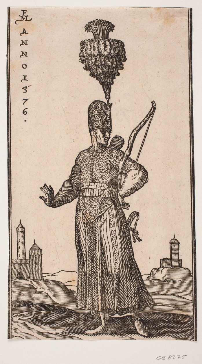 Soldado de pie, visto de frente, con la cabeza girada hacia la derecha; lleva un arco sobre su brazo izquierdo, un carcaj en la espalda y una espada en su lado izquierdo; estira coquetamente su brazo derecho hacia atrás; en el fondo, a la derecha e izquier de Melchior Lorck