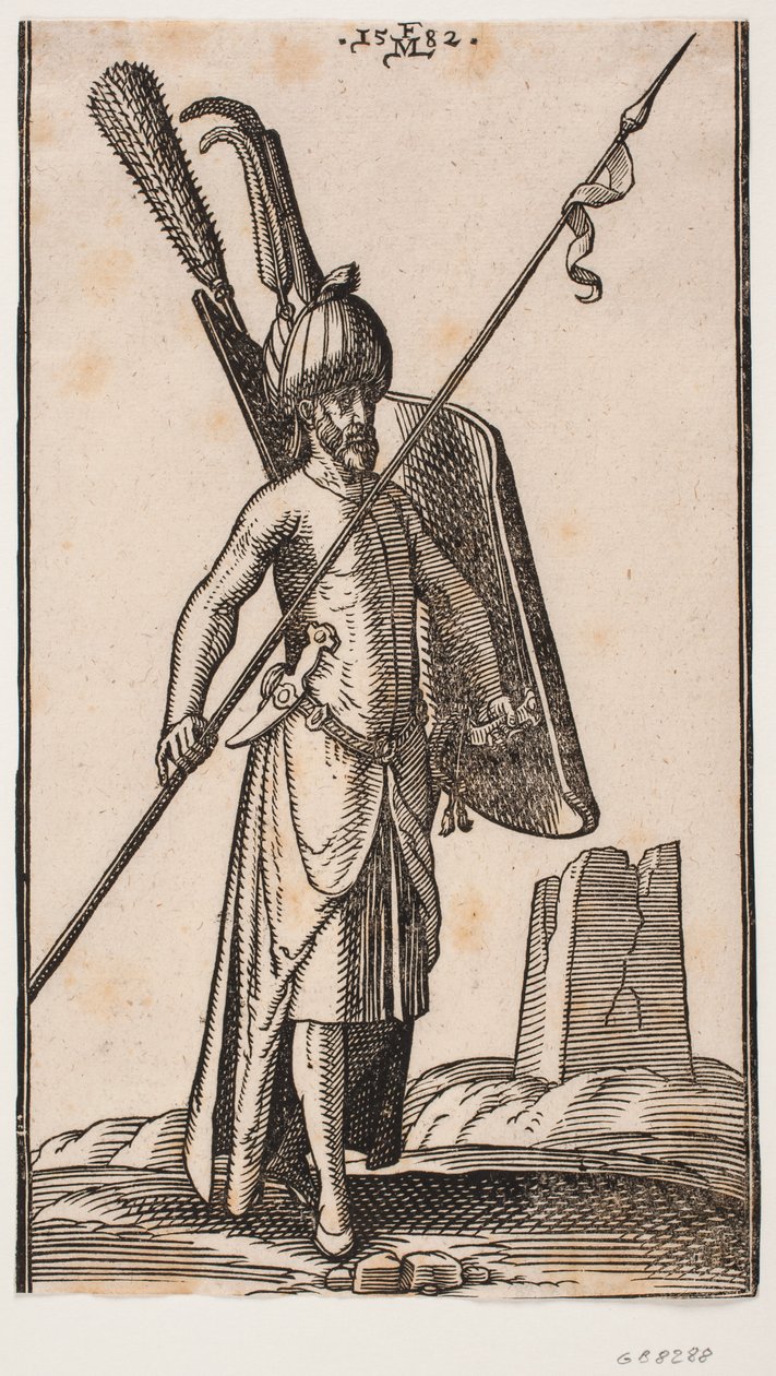 Soldado de pie con escudo curvo en la mano izquierda y una lanza en la mano derecha; espada en su lado izquierdo, una daga en el cinturón; al fondo a la derecha, la ruina de un obelisco o una torre con base cuadrada de Melchior Lorck