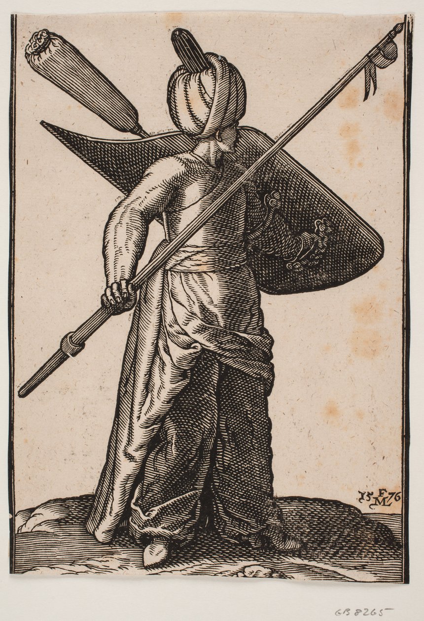 Soldado de pie, mirando hacia la derecha; con un turbante en la cabeza, una lanza levantada con una bandera en la mano derecha; un escudo con una pluma envuelta en tela en el brazo izquierdo de Melchior Lorck