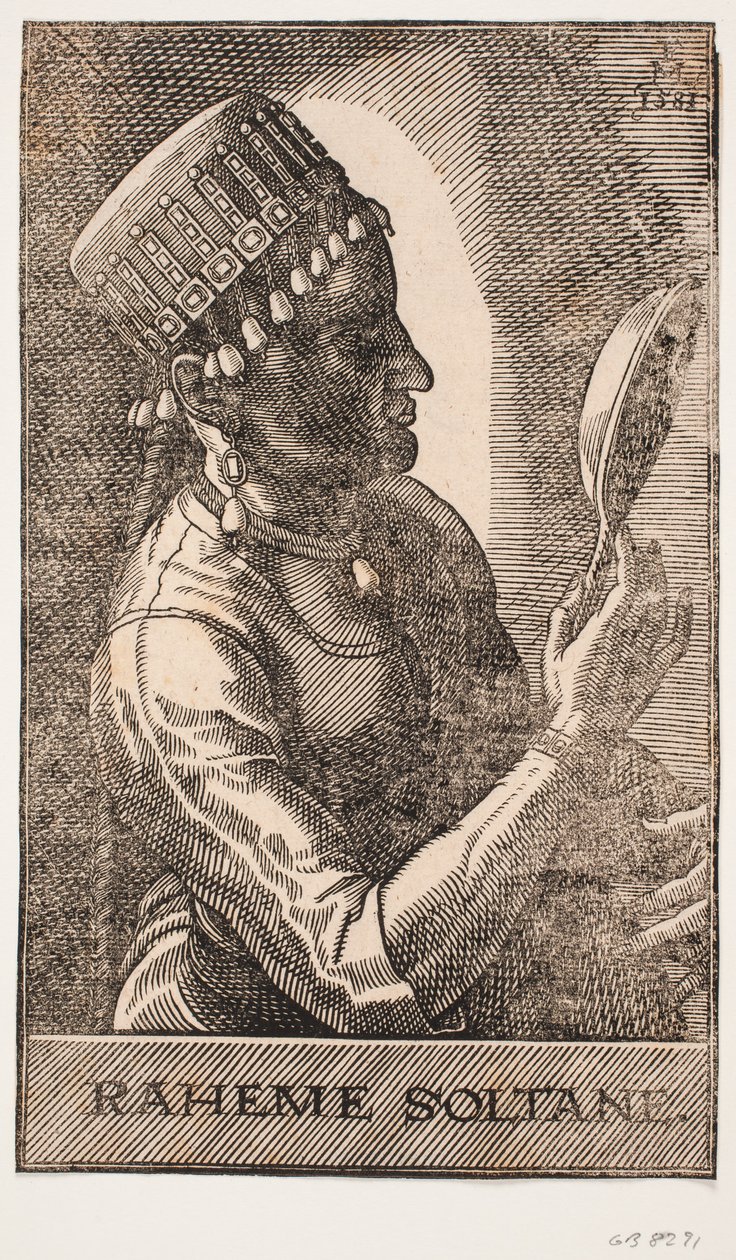 Retrato de sultana, reflejándose, perfil hacia la derecha: RAHEME SOLTANE. de Melchior Lorck