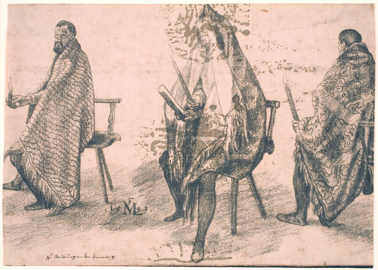 Tres hombres sentados, cada uno sosteniendo una vela en la mano de Melchior Lorck