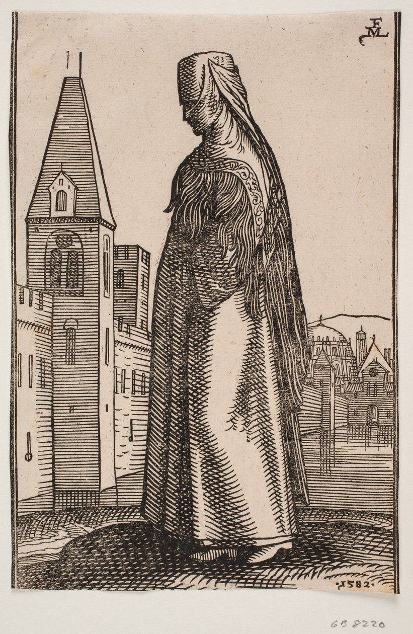 Mujer velada caminando, perfil hacia la izquierda; frente a ella se eleva una muralla con torres desde el agua de Melchior Lorck