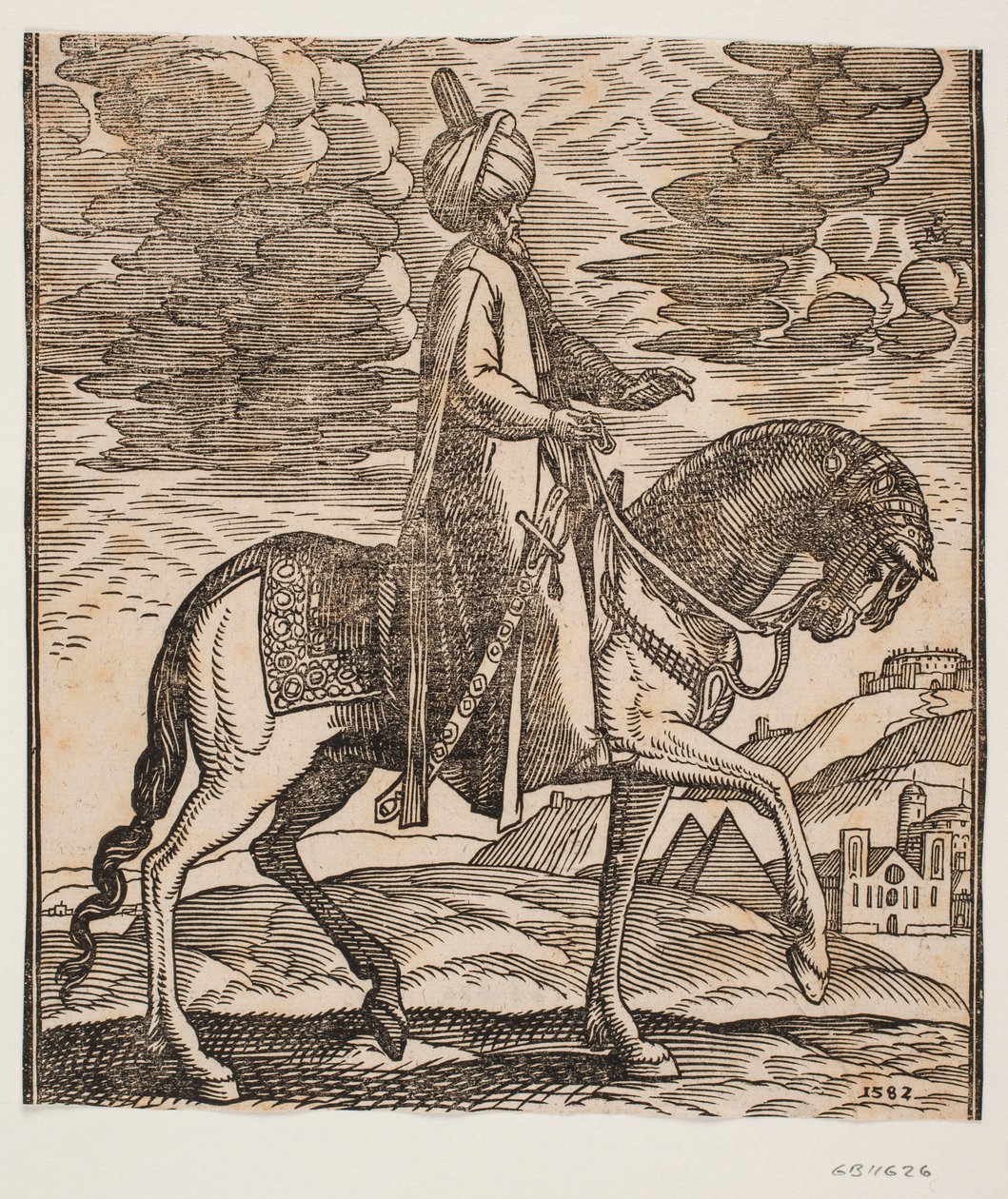 Jinete con turbante, con una espada en su lado derecho, perfil hacia la derecha; entre las patas delanteras del caballo, se ven dos pirámides de Melchior Lorck