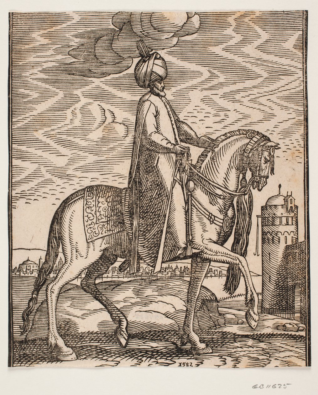 Jinete con turbante, con un garrote colgando al lado derecho del caballo; perfil hacia la derecha; en el lado derecho de la imagen, una pared con una puerta y una torre redonda de Melchior Lorck