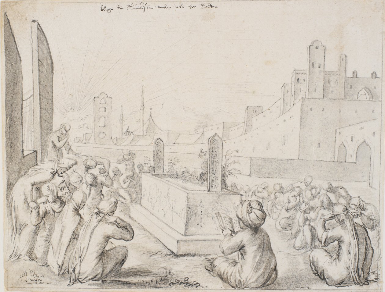 Mujeres turcas llorando alrededor de una lápida de Melchior Lorck