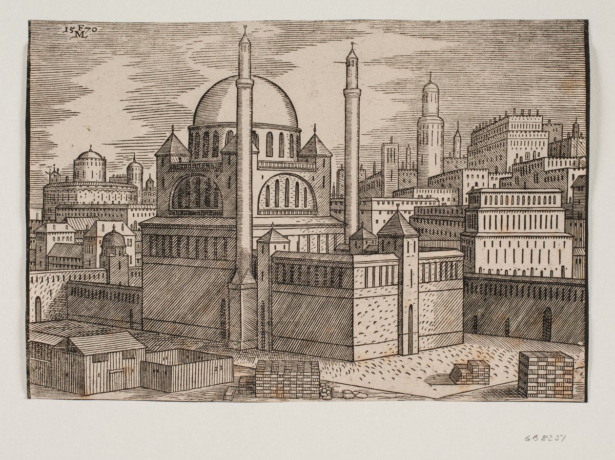 Mezquita no identificada con 2 minaretes, vista desde el noreste; en primer plano un sitio de construcción con piedras apiladas de Melchior Lorck