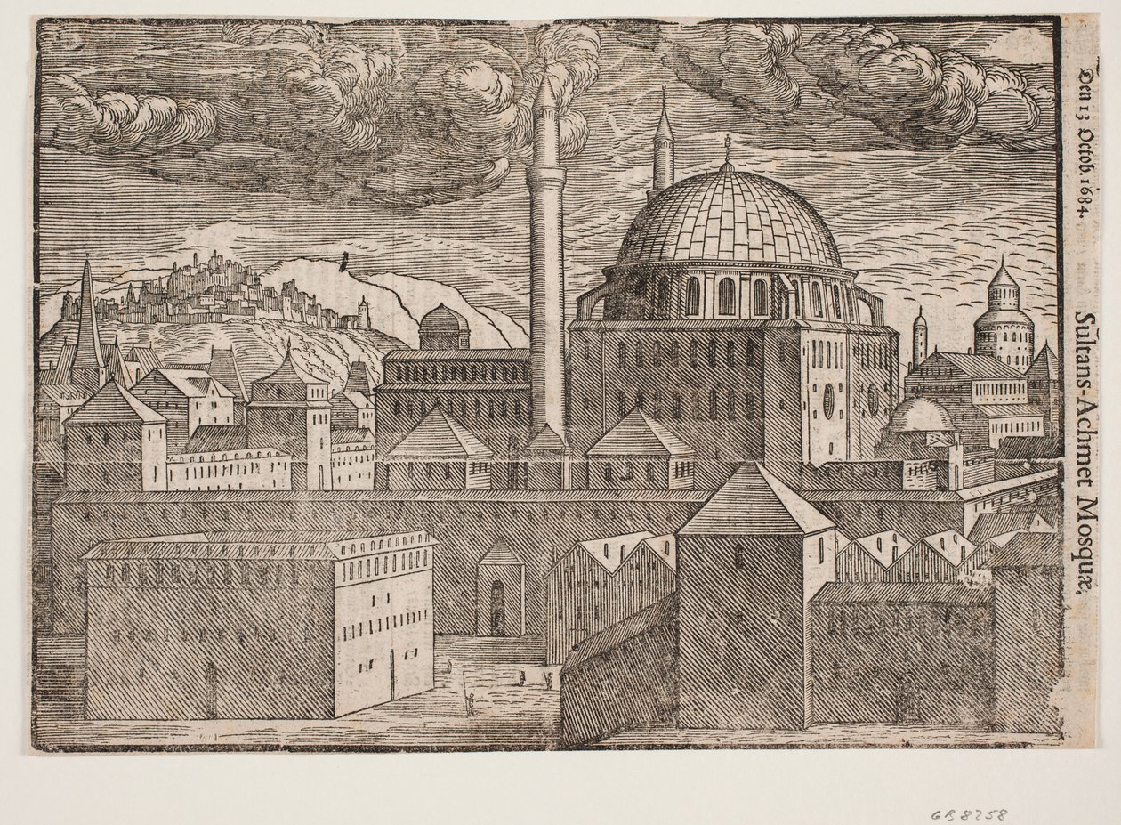 Mezquita no identificada con 2 minaretes, vista desde el sureste; a la izquierda, montaña con ciudad fortificada de Melchior Lorck