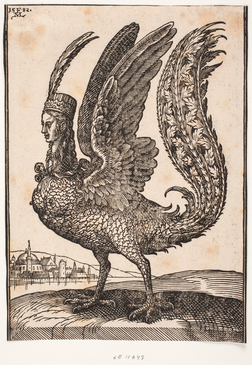 Animal mítico no identificado, arpía o sirena de Melchior Lorck