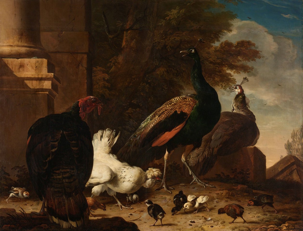 Una gallina con pavos reales y un pavo de Melchior d