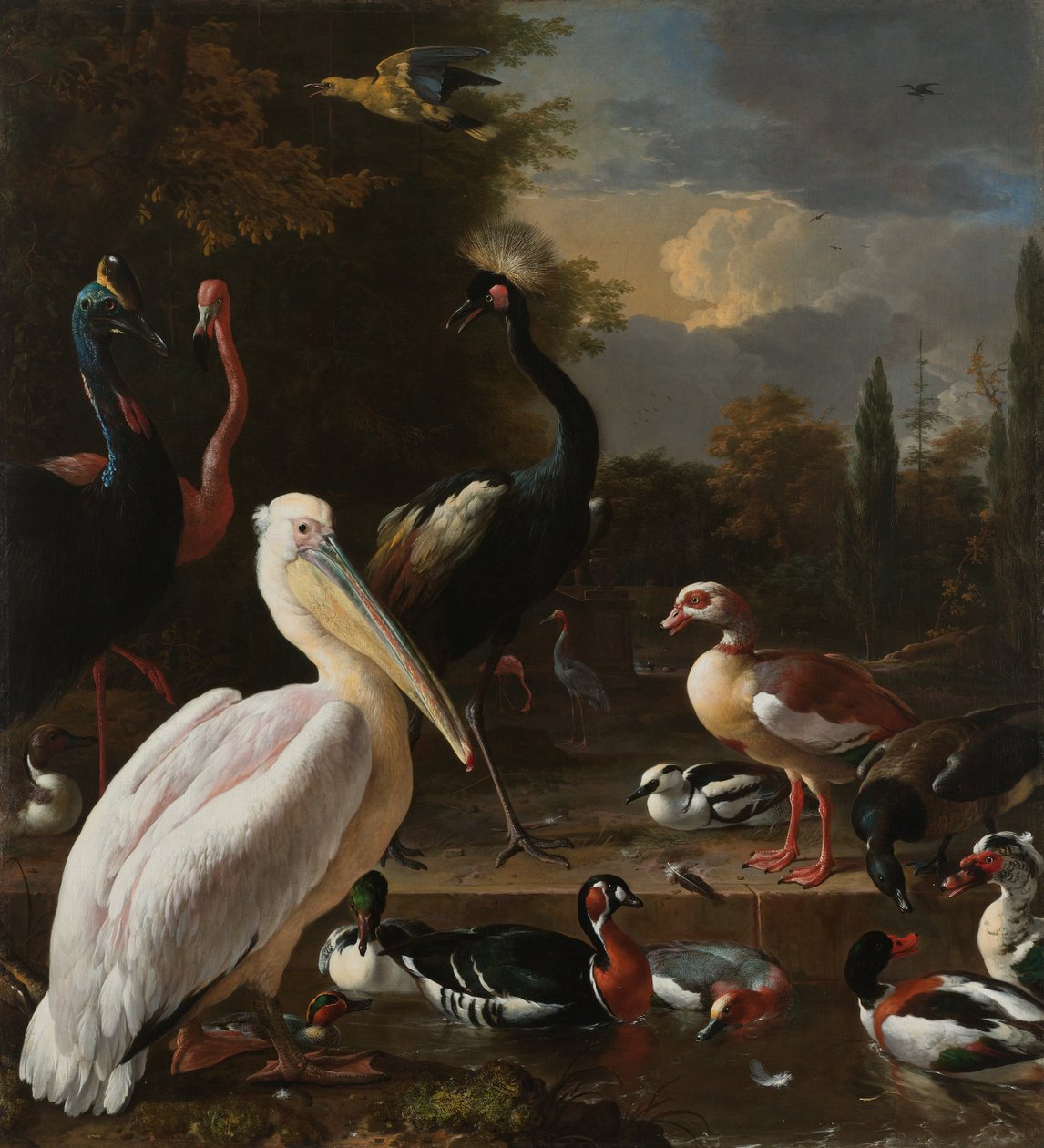 Un pelícano y otras aves junto a una fuente, conocido como 