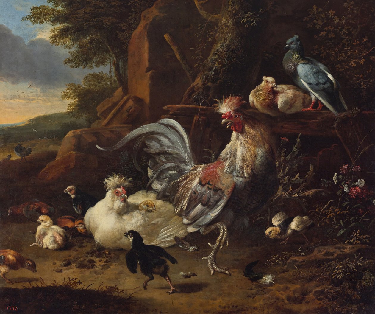 Gallo, gallinas y otras aves en un corral de Melchior d