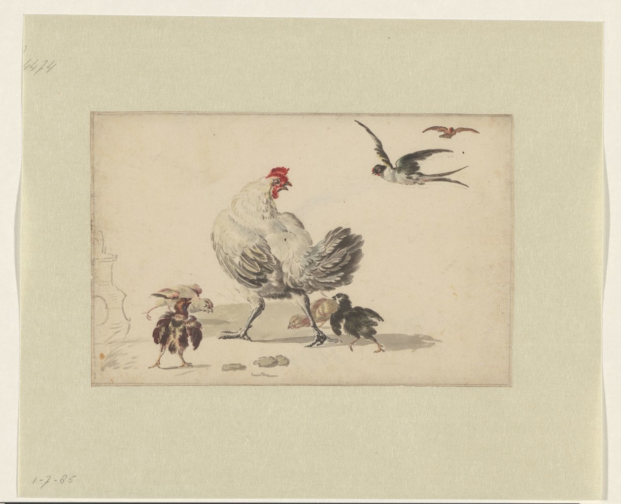 Dos golondrinas y una gallina con cuatro polluelos de Melchior d