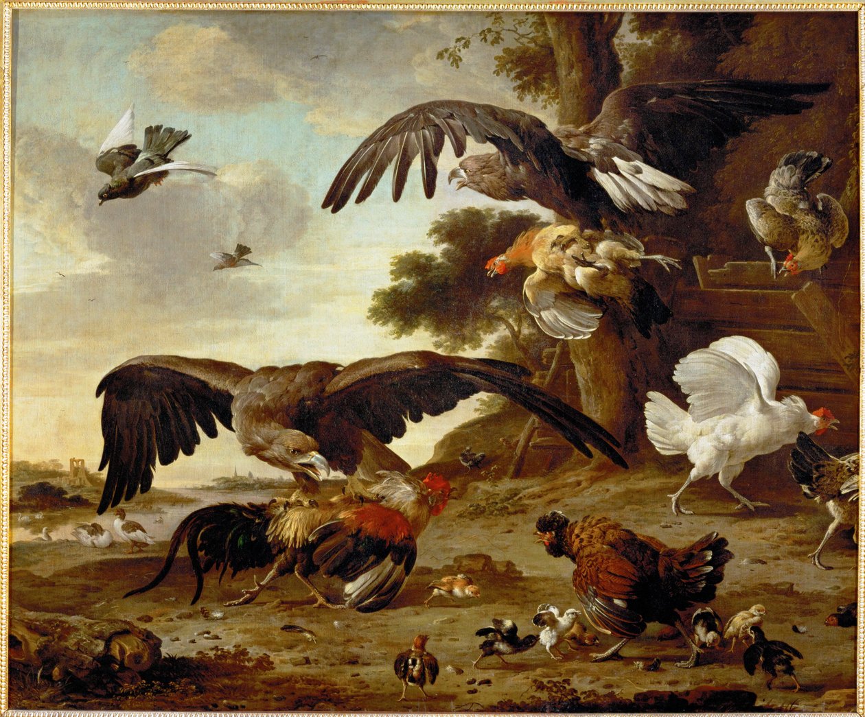 Águilas atacando pollos ... de Melchior de (manner of) Hondecoeter