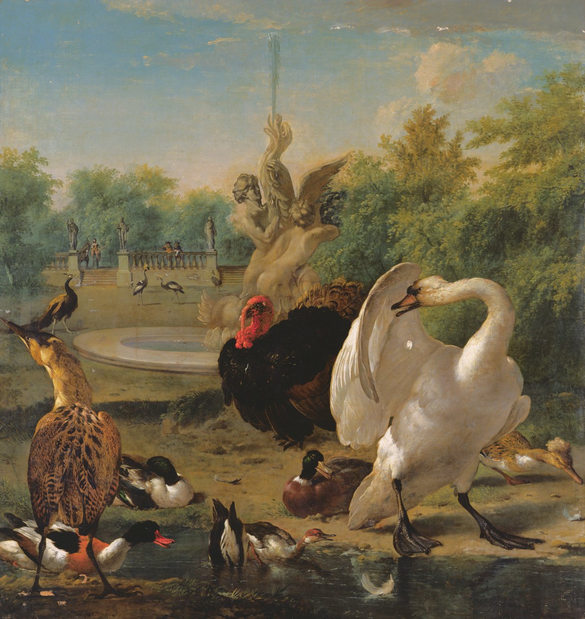 Un parque con cisnes y otras aves (óleo sobre lienzo) de Melchior de Hondecoeter