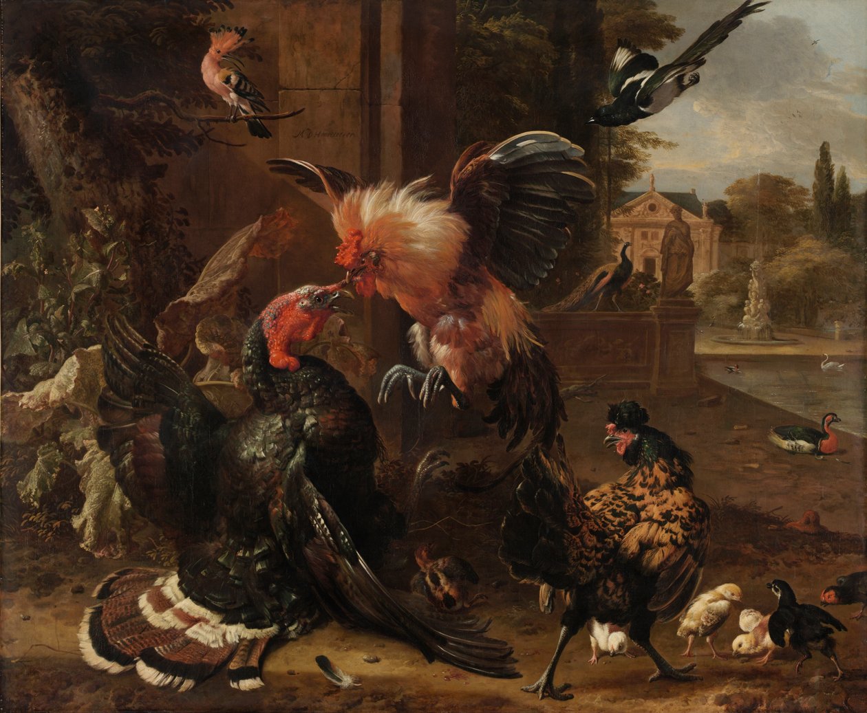 Un gallo y un pavo peleando, c.1680 (óleo sobre lienzo) de Melchior de Hondecoeter