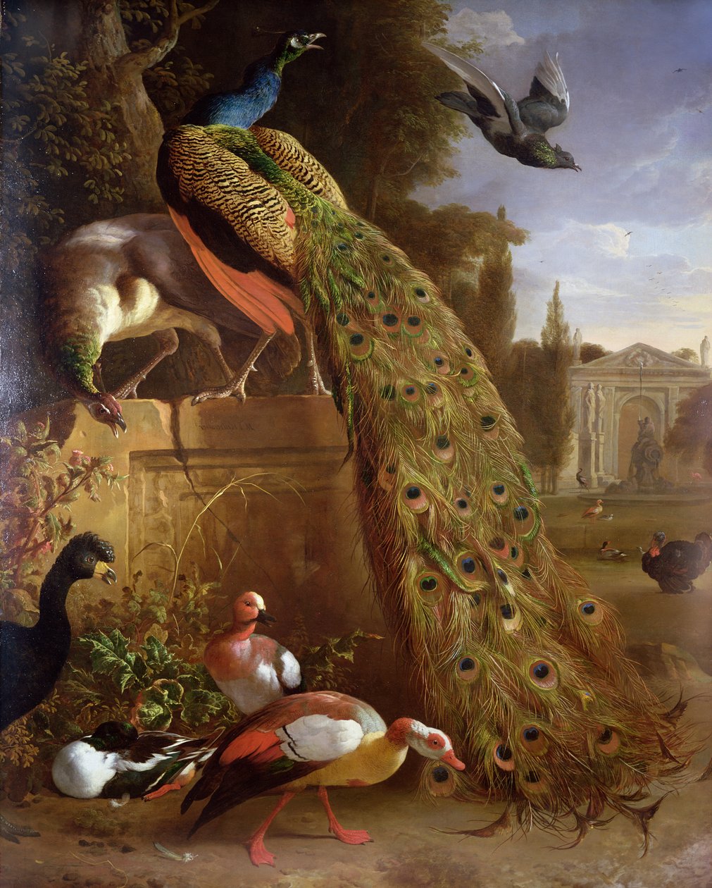 Pavo real y una pava en un pedestal, con patos y otras aves en un parque de Melchior de Hondecoeter