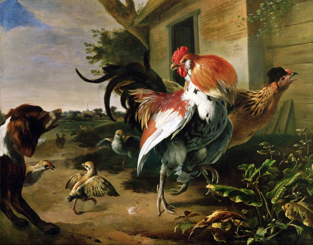 Aves de corral y un spaniel en un corral de Melchior de Hondecoeter