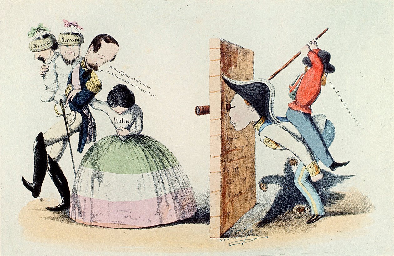 Risorgimento: Caricatura sobre el Tratado de Turín (Trattato di Torino) de 24/03/1860 (grabado) de Melchiorre Delfico