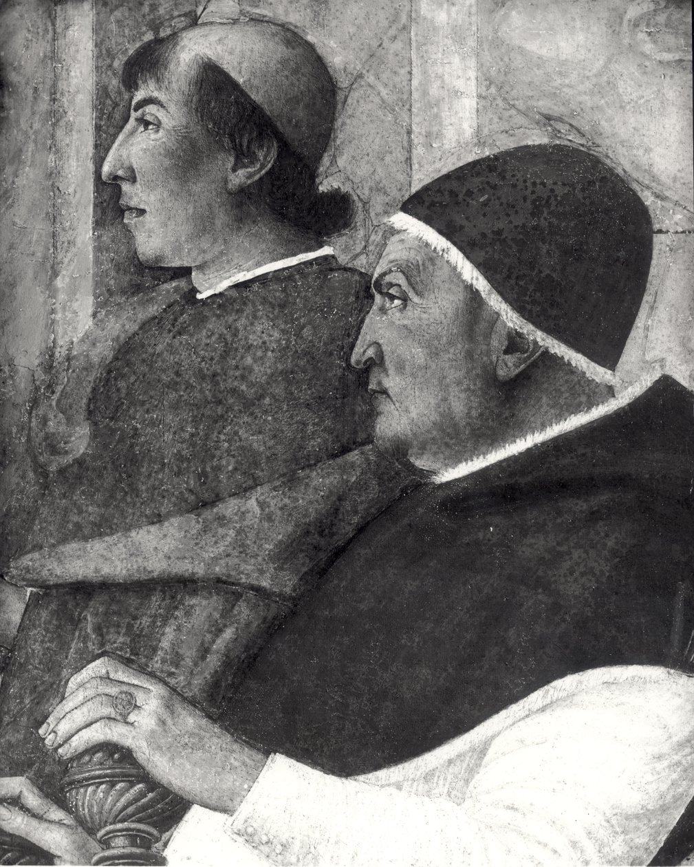 El Papa Sixto IV (1414-84) con un Cardenal detrás de él instala a Bartolommeo Platina como Director de la Biblioteca Vaticana (detalle) de Melozzo da Forli