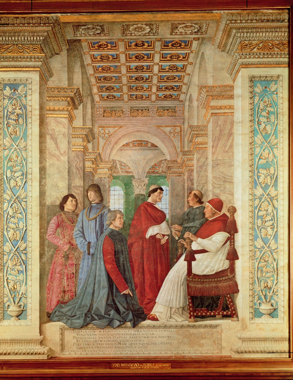 El Papa Sixto IV instala a Bartolommeo Platina como director de la Biblioteca Vaticana, c. 1477 de Melozzo da Forli