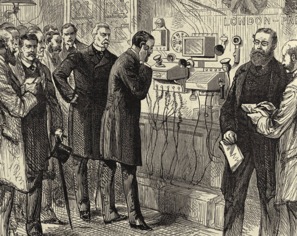 Inauguración de la línea telefónica anglo-inglesa. Primera conversación telefónica entre Londres y París en la Oficina General de Correos de Londres. En el extremo londinense se utilizaron instrumentos Bell. Grabado en madera París 28 de marzo de 1891. Gra de Melton (after) Prior
