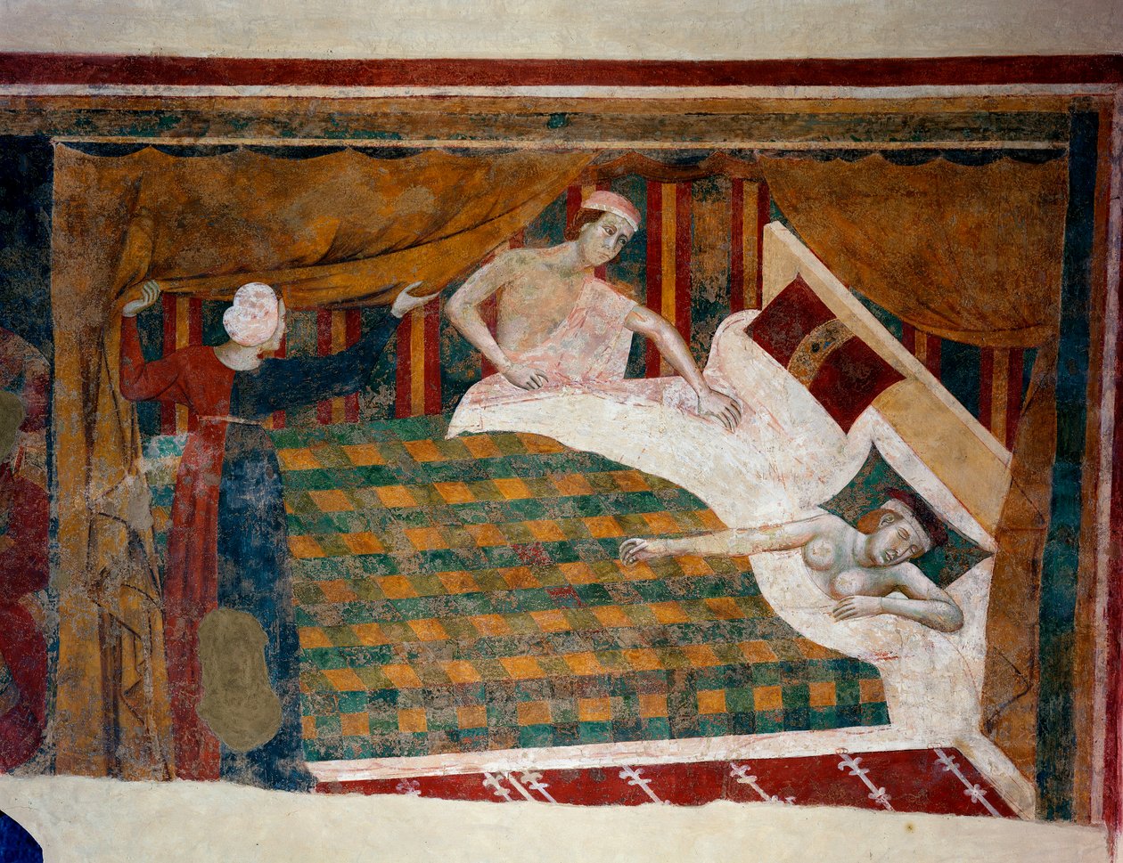 Escena de la vida conyugal en la Edad Media. Un hombre se une a su mujer que duerme desnuda en la cama. Detalle. (fresco, principios del siglo XIV) de Memmo di Filippuccio