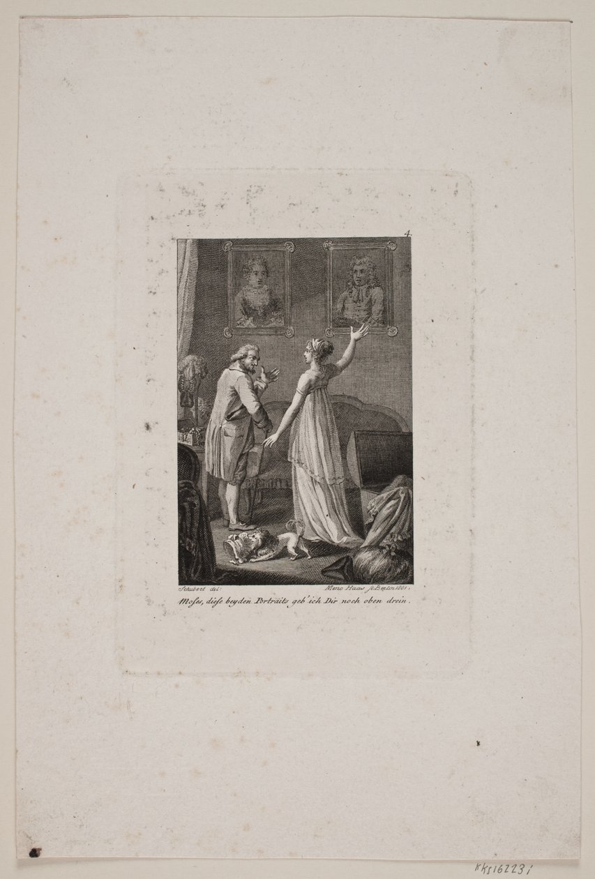 Ilustración con dama y caballero frente a dos retratos de Meno Haas