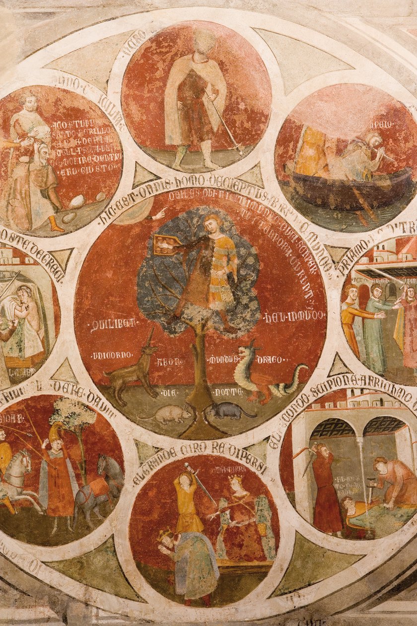 Rueda de Barlaam; Rueda de Aristóteles con las virtudes cardinales; el juicio de Salomón de Meo di Pero Cristoforo di Bindoccio