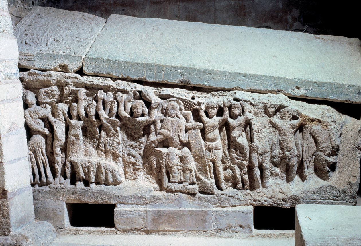 Arte merovingio: bajorrelieves de la tumba de Agilberto (siglo VII), obispo de París de Merovingian