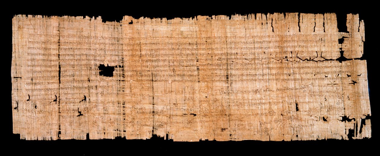 Período merovingio: manuscrito de documento legal en papiro que confirma el privilegio de inmunidad otorgado por el Rey de Neustria Clodoveo II (633-657) a la Abadía de Saint Denis el 22/06/654 de Merovingian