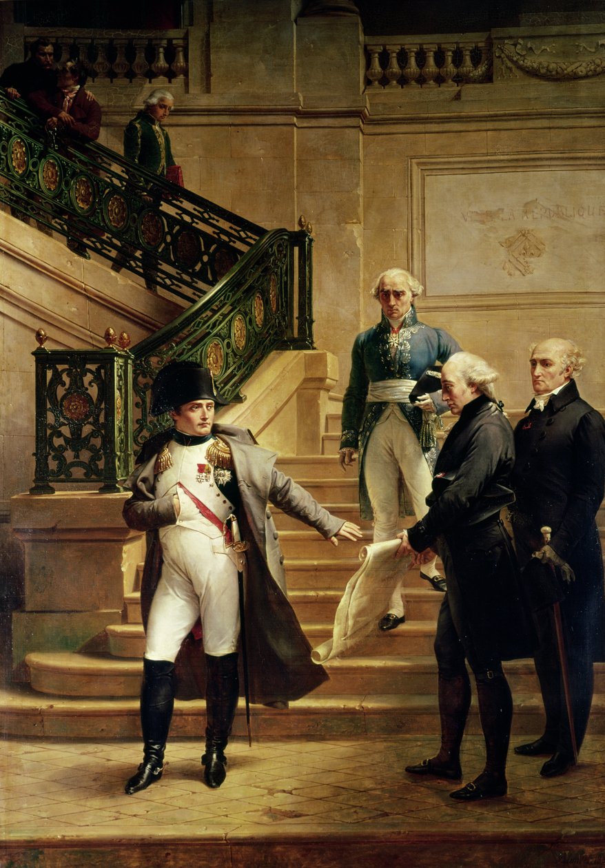 Napoleón I (1769-1821) en el Palais Royal recibido por el presidente del tribunal y rechazando los planes de Percier o Fontaine, 1807 de Merry Joseph Blondel
