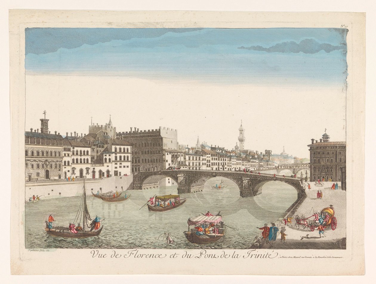 Vista del puente de Santa Trinita sobre el río Arno en Florencia
Vista de Florencia y del puente de la Trinidad (título en el objeto) de Mesard