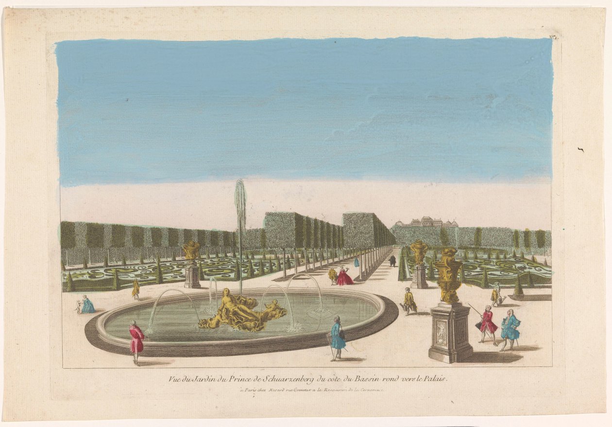 Vista de la fuente desde el jardín del Palais Schwarzenberg cerca de la ciudad de Viena Vue du jardin du prince de Schwarzenberg du côte du bassin around vers le palais (título sobre el objeto) de Mesard