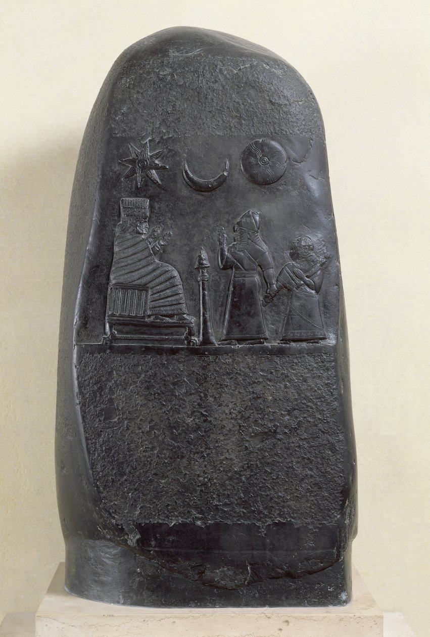 Kudurru del Rey Melishikhu II que representa al rey presentando a su hija a una diosa, de Babilonia de Mesopotamian
