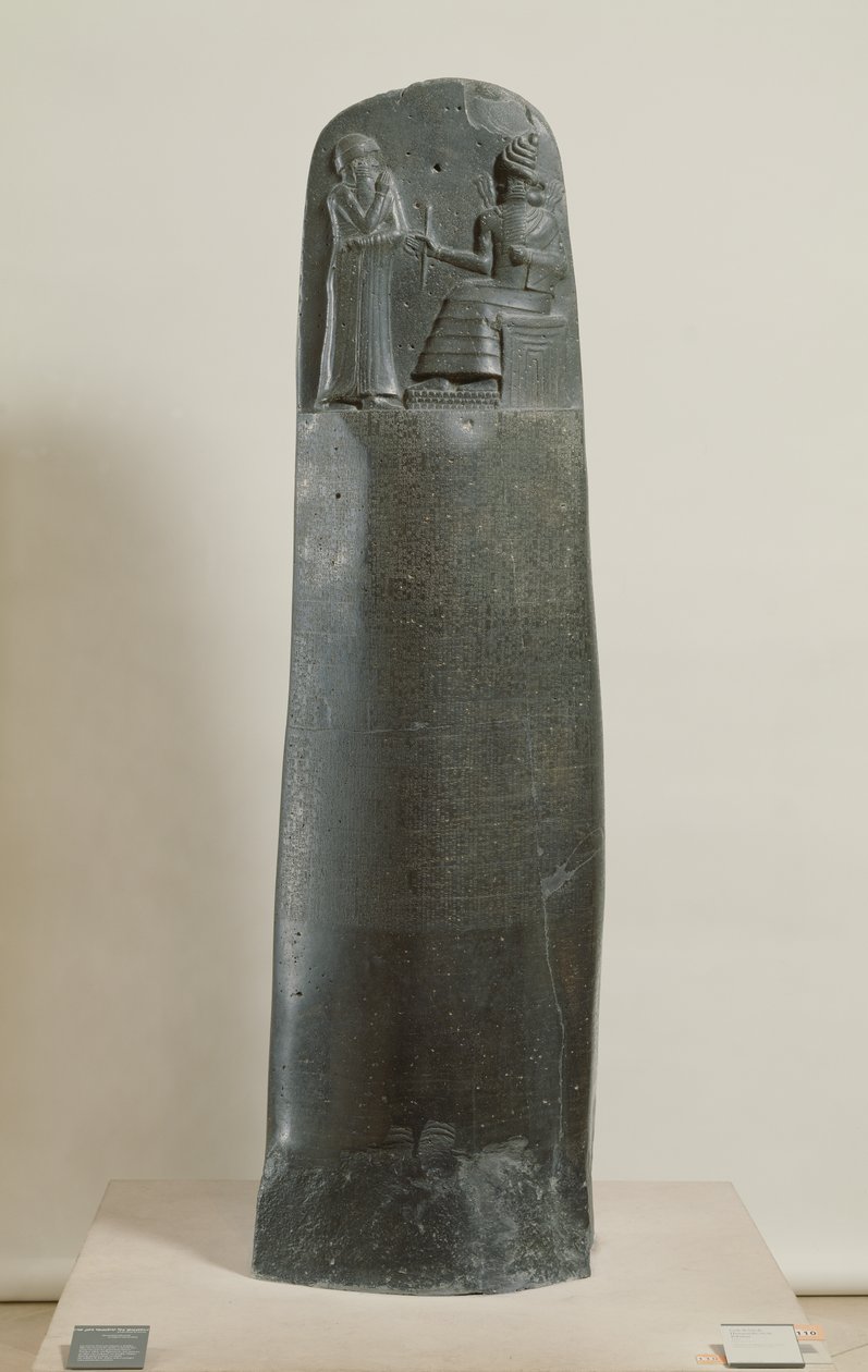 Código de Hammurabi: el dios Shamash dictando sus leyes a Hammurabi, Rey de Babilonia, encontrado en Susa, Irán, c.1750 a.C. de Mesopotamian