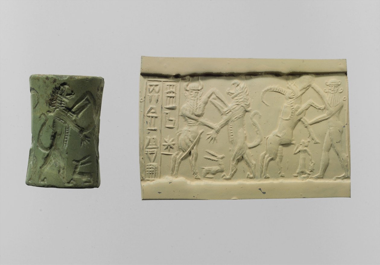 Sello cilíndrico de combate con impresión moderna c.2250-2150 a.C. (albita) de Mesopotamian Mesopotamian