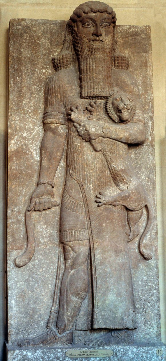 Mesopotamia: Estatua de Sargón dominando un león, llamada Gilgamesh. Corte de Khorsabad (Khunsabad) siglo VIII a.C. París, Museo del Louvre de Mesopotamian Mesopotamian
