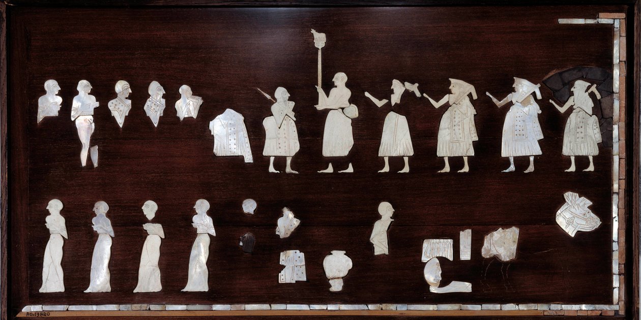 Mesopotamia: elementos de mosaico del estandarte de Mari en betún, concha y piedra de Mesopotamian Mesopotamian