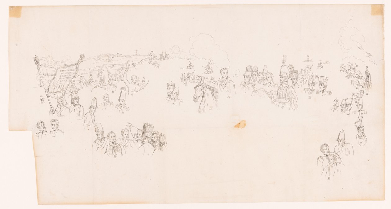 Dibujo de la pintura que representa la batalla de Waterloo de Met and Meylink