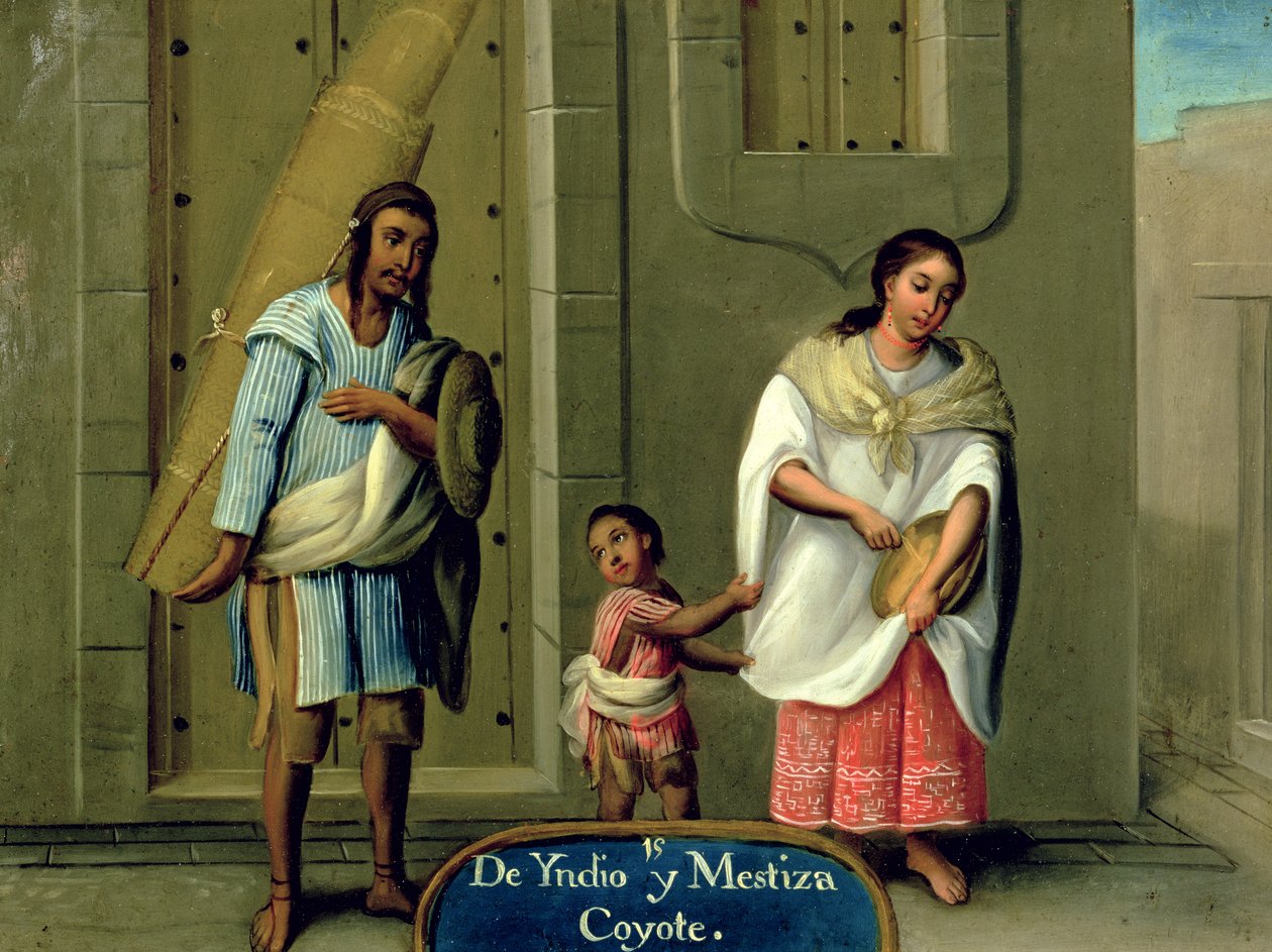 Un hombre indígena americano y su esposa mestiza, de una serie sobre matrimonios mestizos en México de Mexican School
