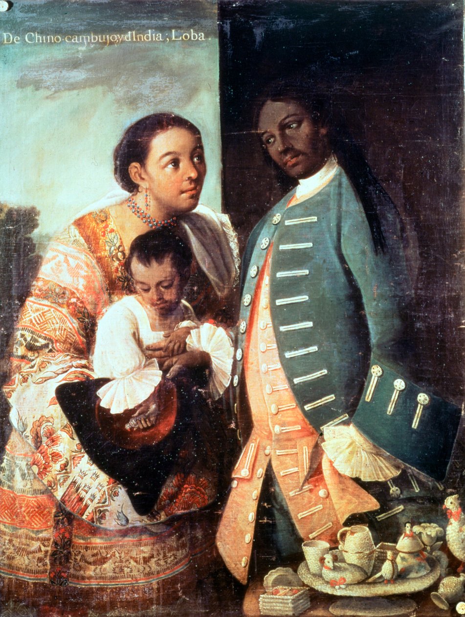 Un mestizo y su esposa india Lobo y su hijo, de una serie sobre matrimonios mestizos en México (óleo sobre lienzo) de Mexican School