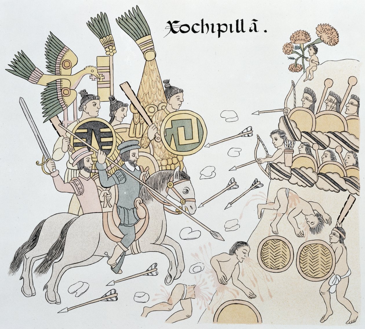 Batalla de Xochipilla entre los españoles y los aztecas, ilustración de un facsímil de una historia pictórica india mexicana Lienzo de Tlaxcala de c.1550, 1892 de Mexican School