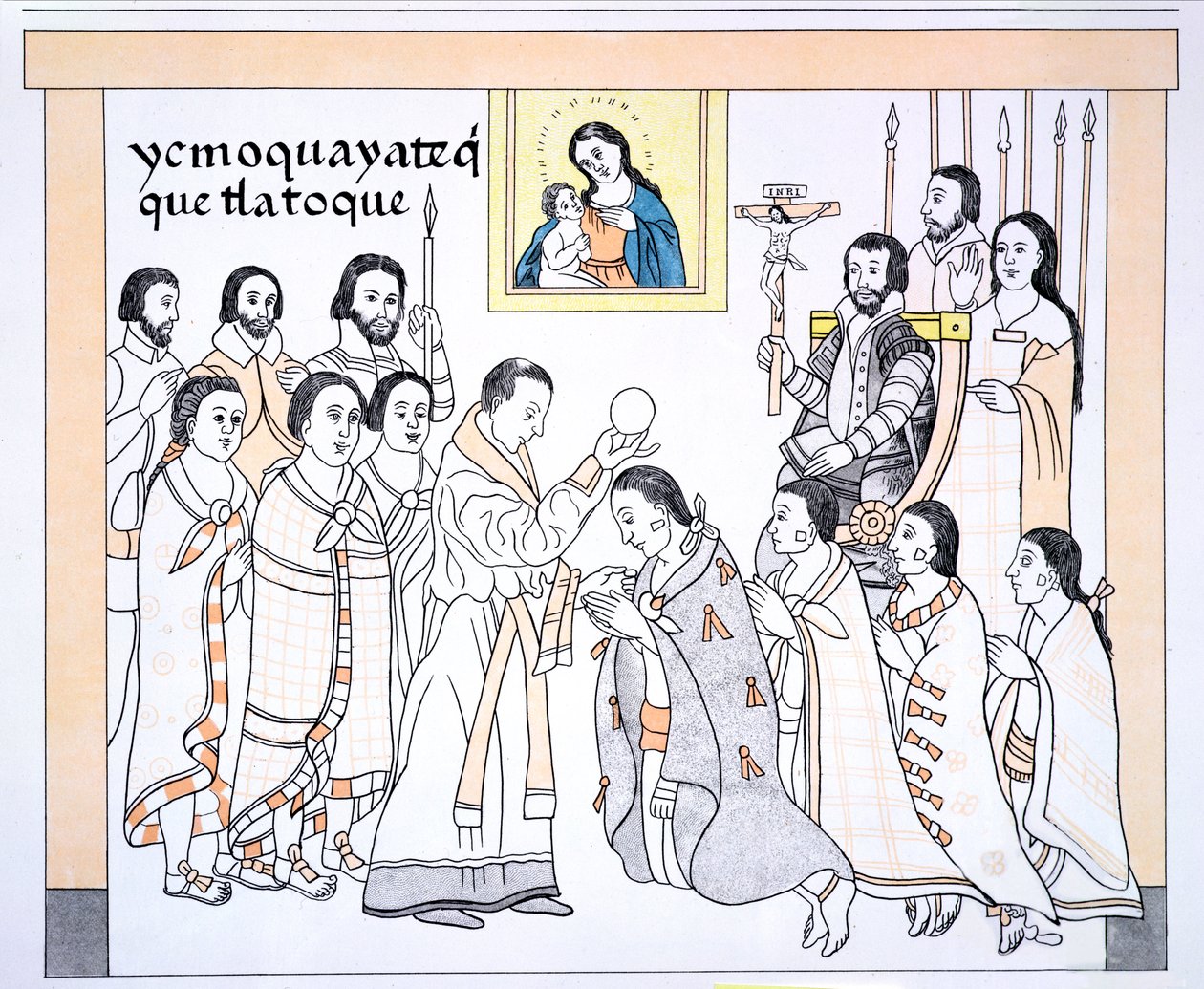 Caciques recibiendo la comunión de un sacerdote en la casa de Hernando Cortés (1485-1547), ilustración de un facsímil de una historia pictórica india mexicana Lienzo de Tlaxcala de c.1550, 1892 de Mexican School