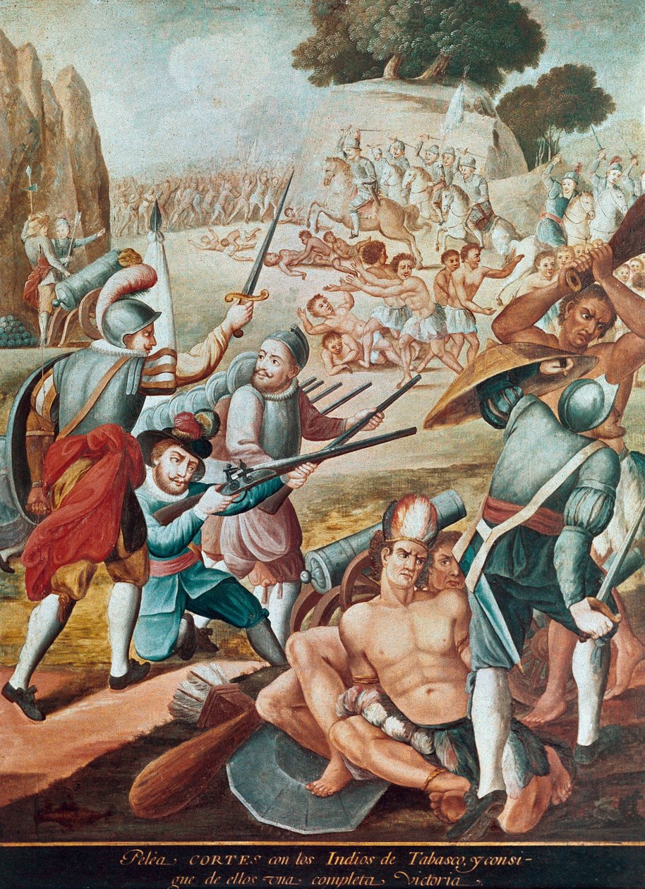 Conquista de México: batalla que opone Hernando Cortés (Hernán Cortez) (1485-1547) a los indios de Tabasco en 1519"" Pintura de la escuela mexicana de Mexican School