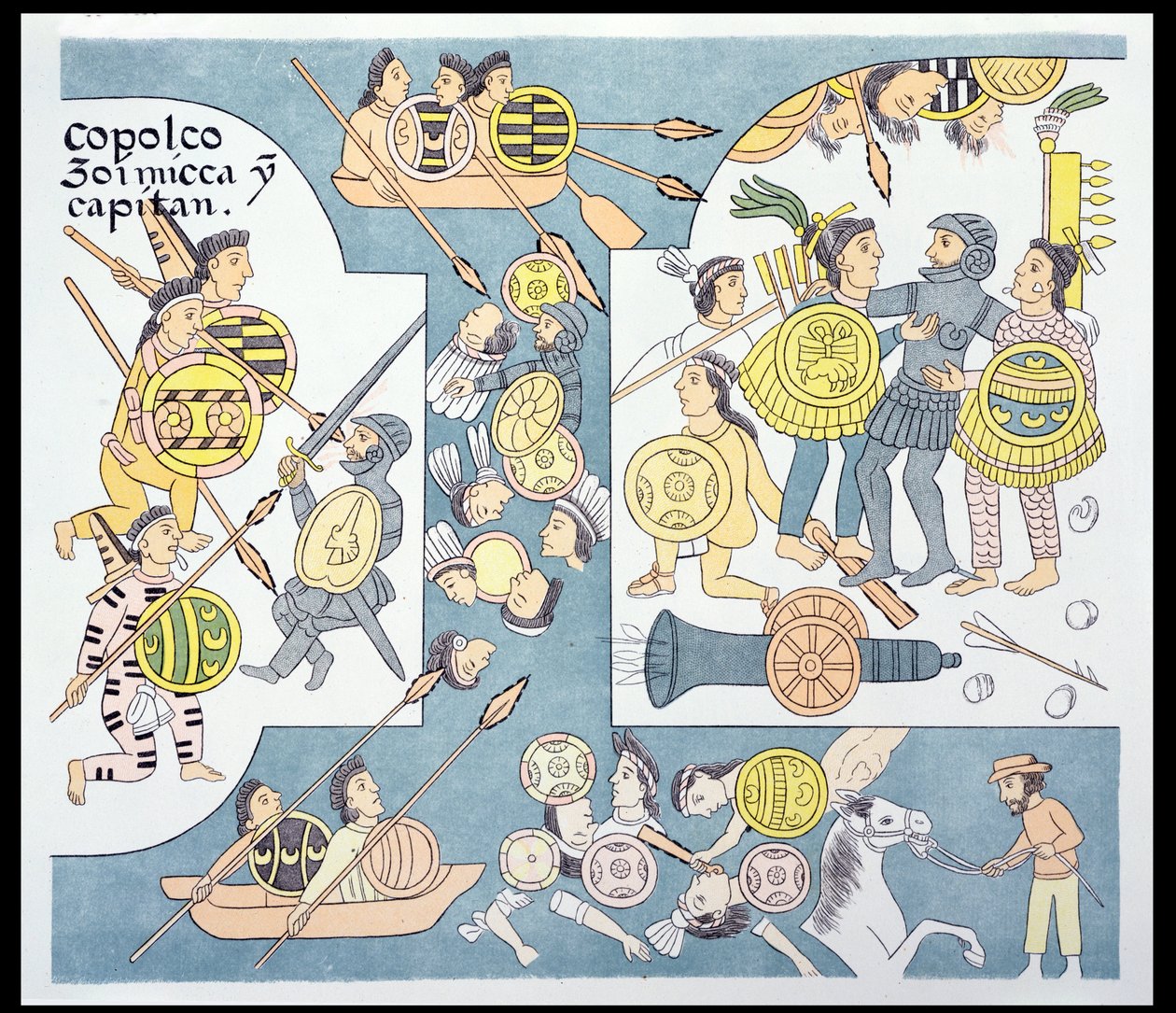 Batalla final entre Hernando Cortés (1485-1547) y Cuauhtémoc en Tenochtitlán, agosto de 1521, ilustración de un facsímil de una historia pictórica india mexicana Lienzo de Tlaxcala de c.1550, 1892 de Mexican School