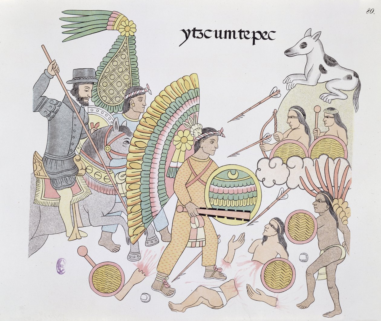 Hernando Cortés (1485-1547), bajo asedio en Tenochtitlán, decide abandonar la ciudad, ilustración de un facsímil de una historia pictórica india mexicana Lienzo de Tlaxcala de c.1550, 1892 de Mexican School