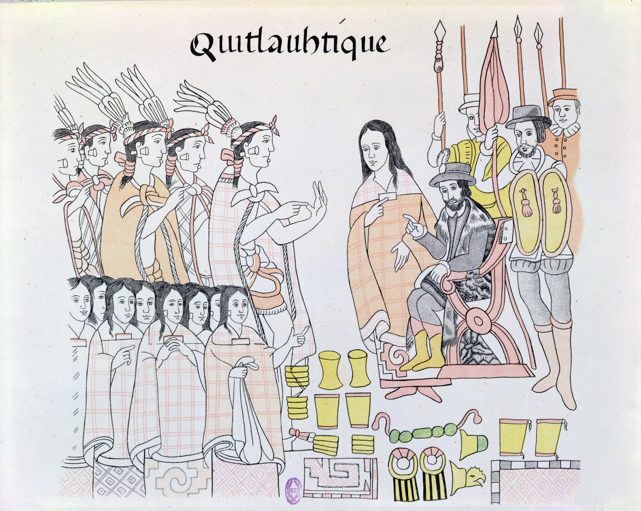 La Malinche (Doña Marina) actuando como intérprete durante la presentación de mujeres y oro por Moctezuma (1466-1520) a Hernando Cortés (1485-1547), ilustración de un facsímil de una historia pictórica india mexicana de Mexican School